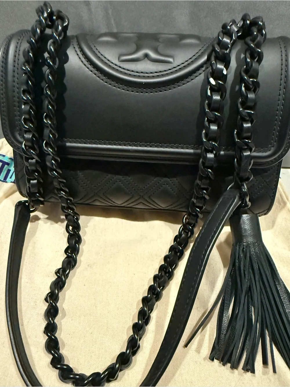 Tory Burch Black Quilted Shoulder Bag with Tassel
